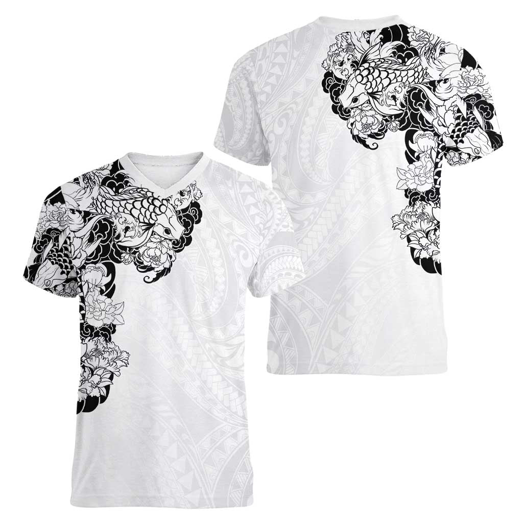 Hawaiian and Japanese Together Women V-Neck T-Shirt Japanese Koi Fish Tattoo and Kakau Pattern White Color LT03 - Polynesian Pride