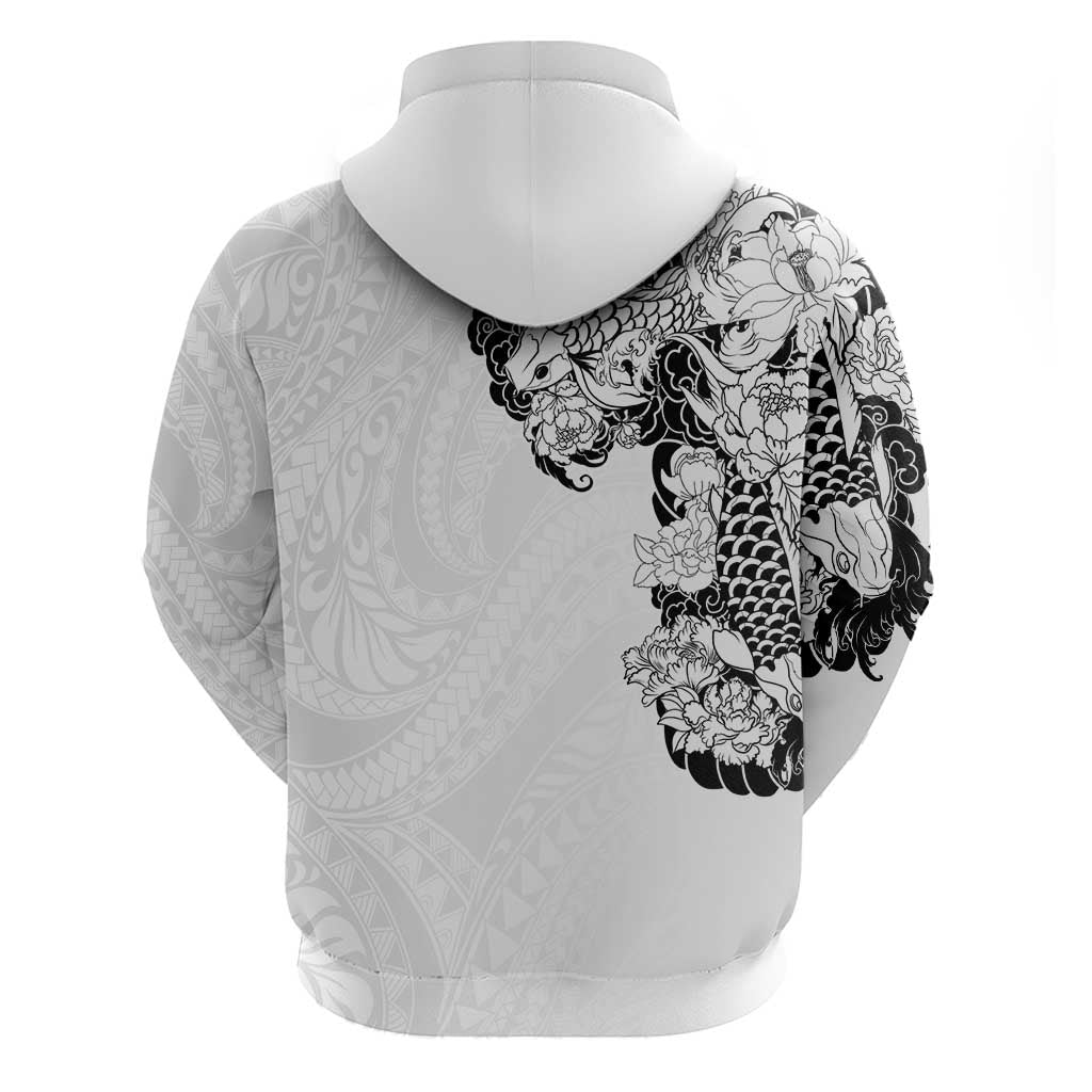 Hawaiian and Japanese Together Zip Hoodie Japanese Koi Fish Tattoo and Kakau Pattern White Color LT03 - Polynesian Pride