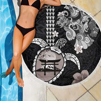 Hawaiian and Japanese Together Beach Blanket Japanese Culture and Turtle Kakau Tattoo Black Color LT03 - Polynesian Pride