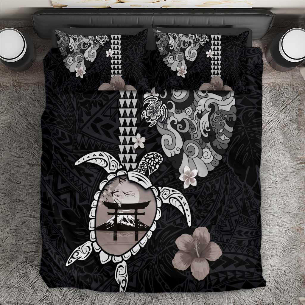 Hawaiian and Japanese Together Bedding Set Japanese Culture and Turtle Kakau Tattoo Black Color LT03 Black - Polynesian Pride