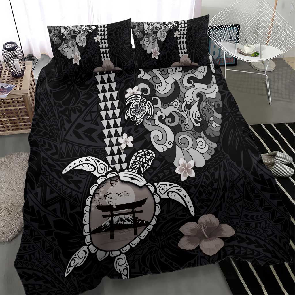 Hawaiian and Japanese Together Bedding Set Japanese Culture and Turtle Kakau Tattoo Black Color LT03 - Polynesian Pride