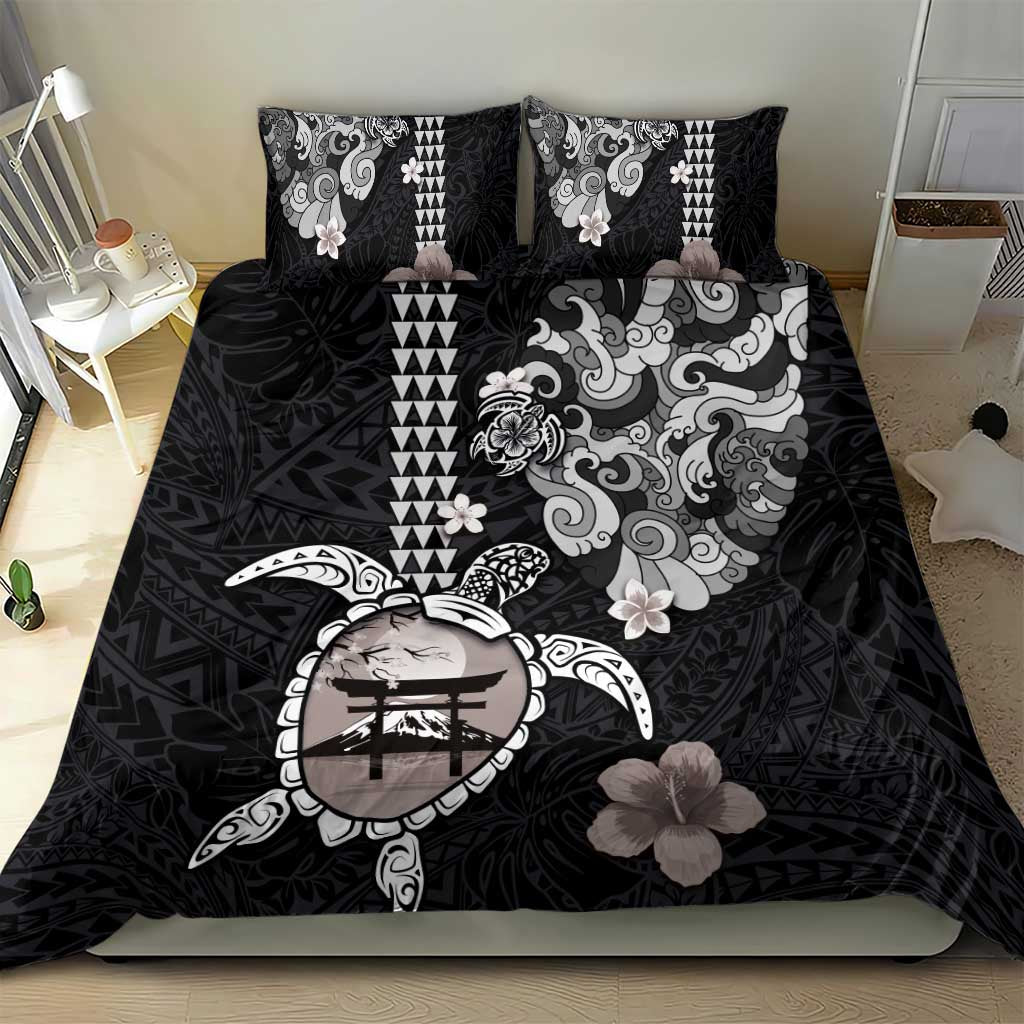 Hawaiian and Japanese Together Bedding Set Japanese Culture and Turtle Kakau Tattoo Black Color LT03 - Polynesian Pride