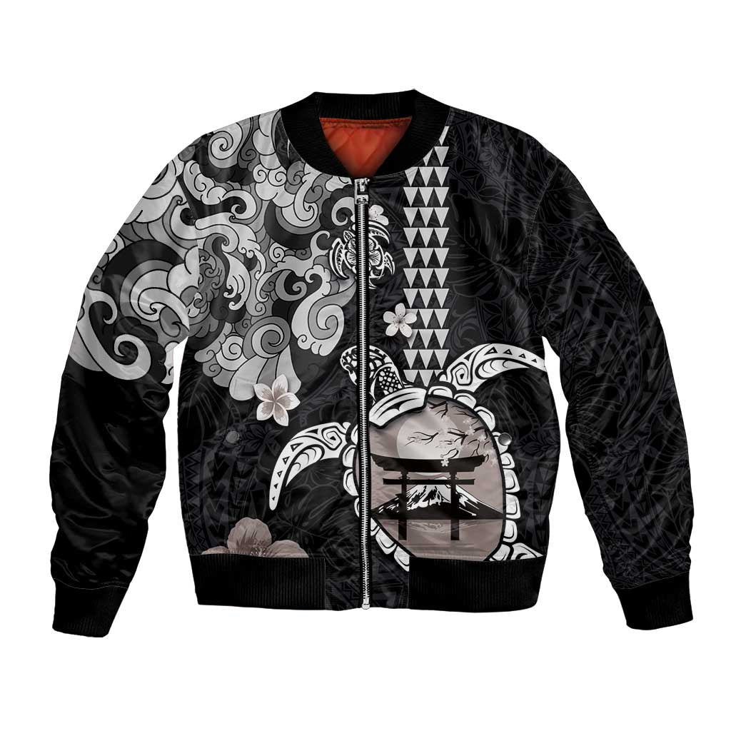 Hawaiian and Japanese Together Bomber Jacket Japanese Culture and Turtle Kakau Tattoo Black Color LT03 Unisex Black - Polynesian Pride