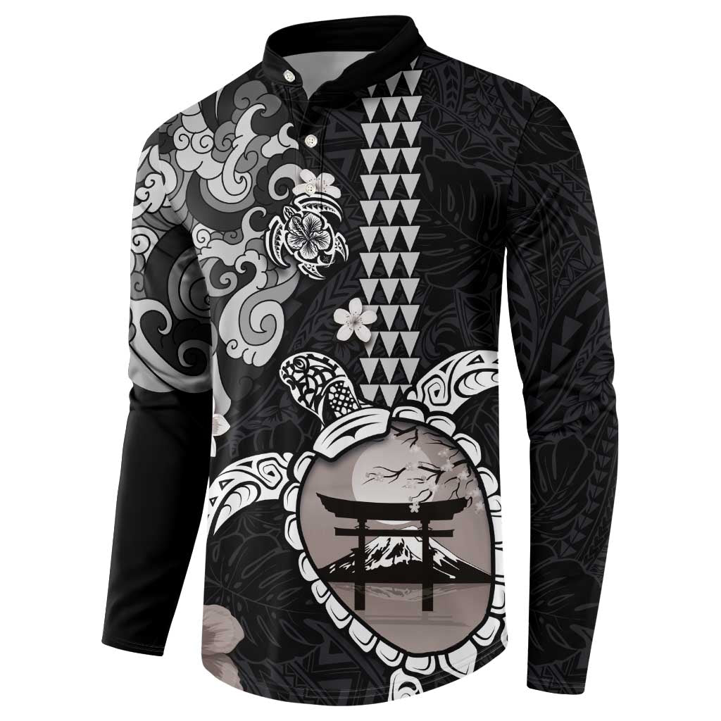 Hawaiian and Japanese Together Button Sweatshirt Japanese Culture and Turtle Kakau Tattoo Black Color LT03 - Polynesian Pride