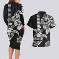 Hawaiian and Japanese Together Couples Matching Long Sleeve Bodycon Dress and Hawaiian Shirt Japanese Culture and Turtle Kakau Tattoo Black Color LT03 - Polynesian Pride