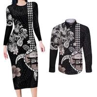 Hawaiian and Japanese Together Couples Matching Long Sleeve Bodycon Dress and Long Sleeve Button Shirt Japanese Culture and Turtle Kakau Tattoo Black Color