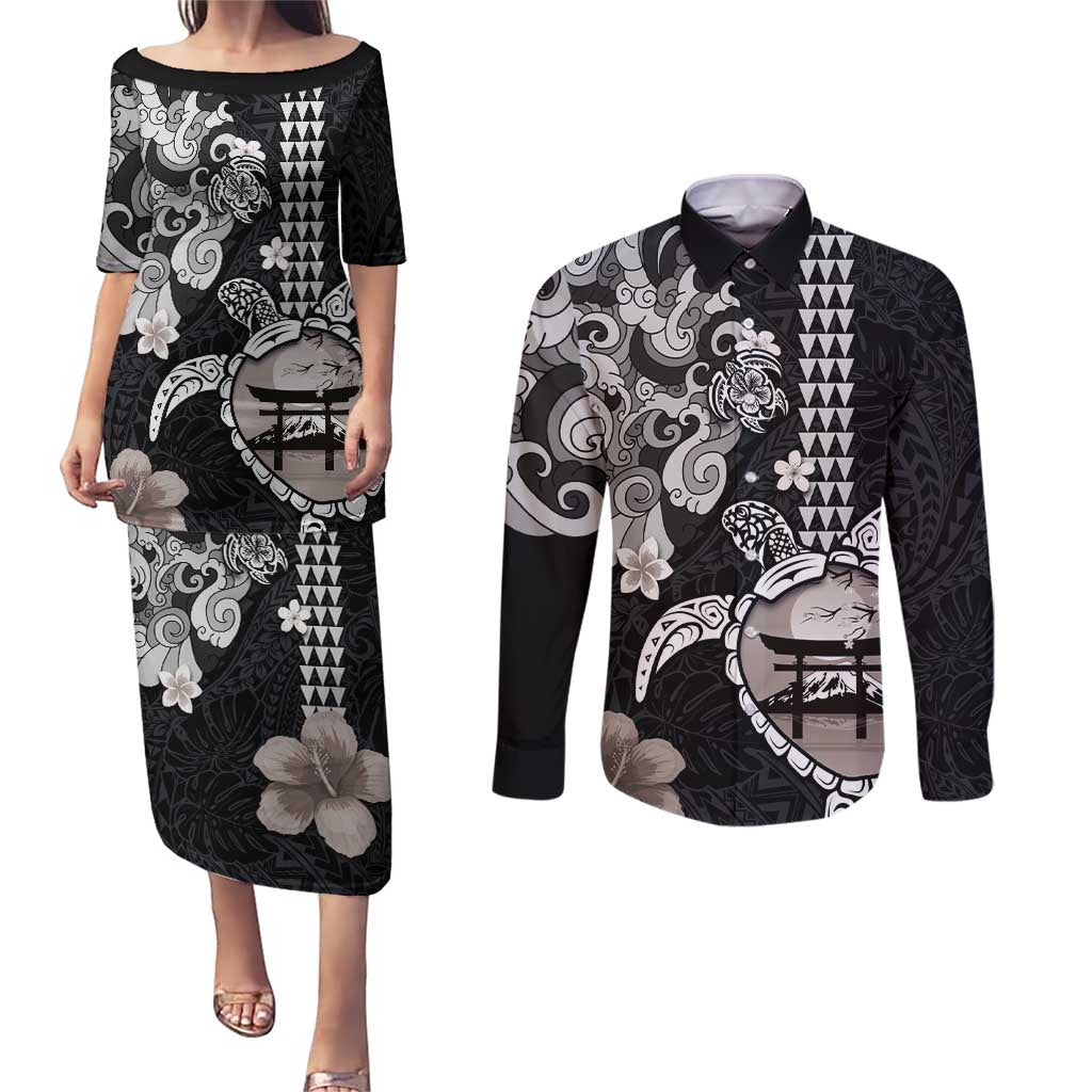 Hawaiian and Japanese Together Couples Matching Puletasi and Long Sleeve Button Shirt Japanese Culture and Turtle Kakau Tattoo Black Color LT03 Black - Polynesian Pride