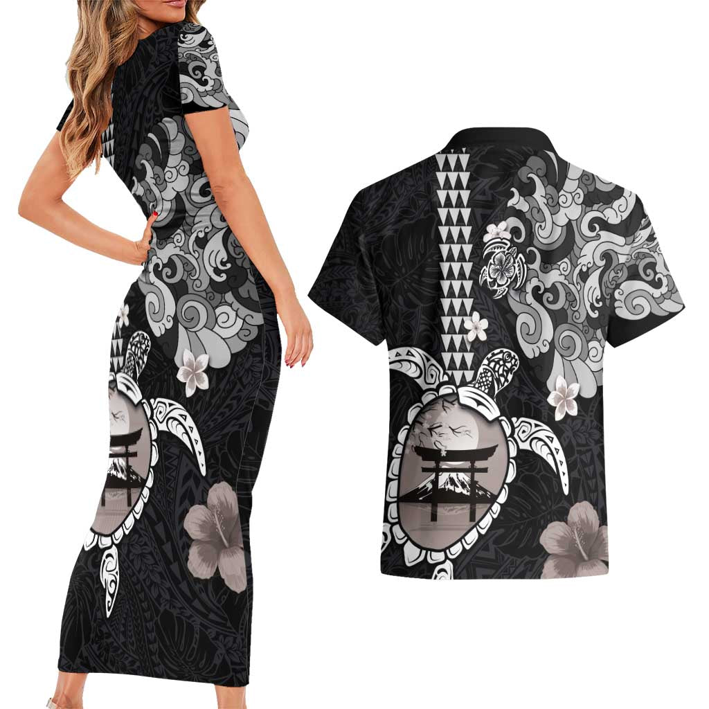 Hawaiian and Japanese Together Couples Matching Short Sleeve Bodycon Dress and Hawaiian Shirt Japanese Culture and Turtle Kakau Tattoo Black Color LT03 - Polynesian Pride
