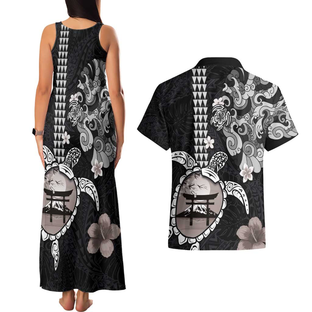 Hawaiian and Japanese Together Couples Matching Tank Maxi Dress and Hawaiian Shirt Japanese Culture and Turtle Kakau Tattoo Black Color