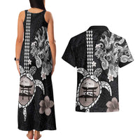 Hawaiian and Japanese Together Couples Matching Tank Maxi Dress and Hawaiian Shirt Japanese Culture and Turtle Kakau Tattoo Black Color