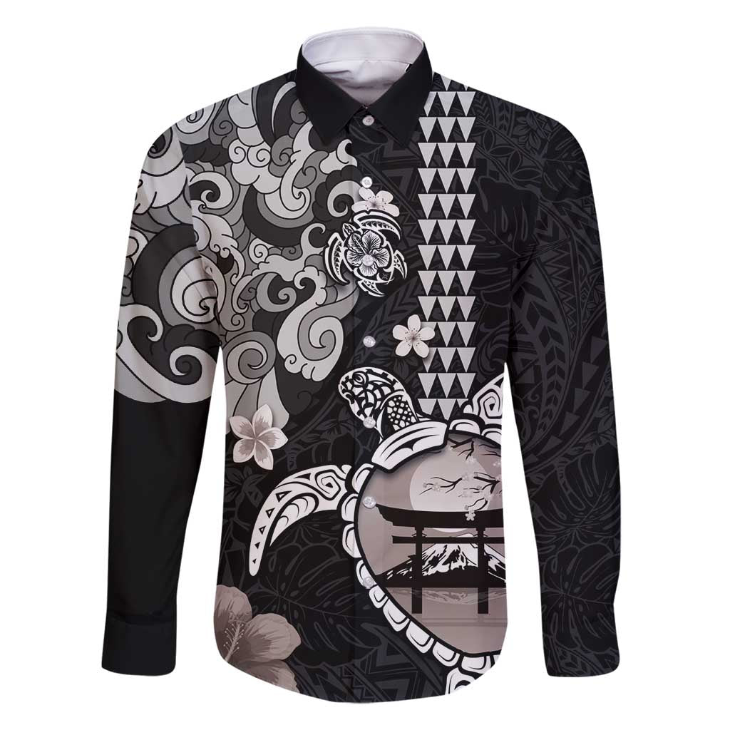 Hawaiian and Japanese Together Family Matching Mermaid Dress and Hawaiian Shirt Japanese Culture and Turtle Kakau Tattoo Black Color LT03 Dad's Shirt - Long Sleeve Black - Polynesian Pride