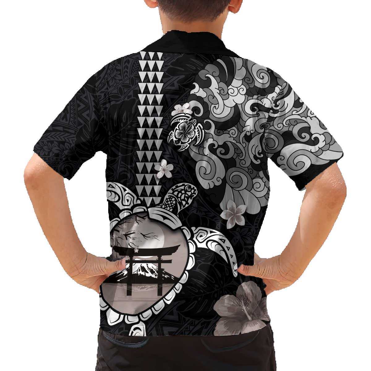 Hawaiian and Japanese Together Family Matching Off The Shoulder Long Sleeve Dress and Hawaiian Shirt Japanese Culture and Turtle Kakau Tattoo Black Color
