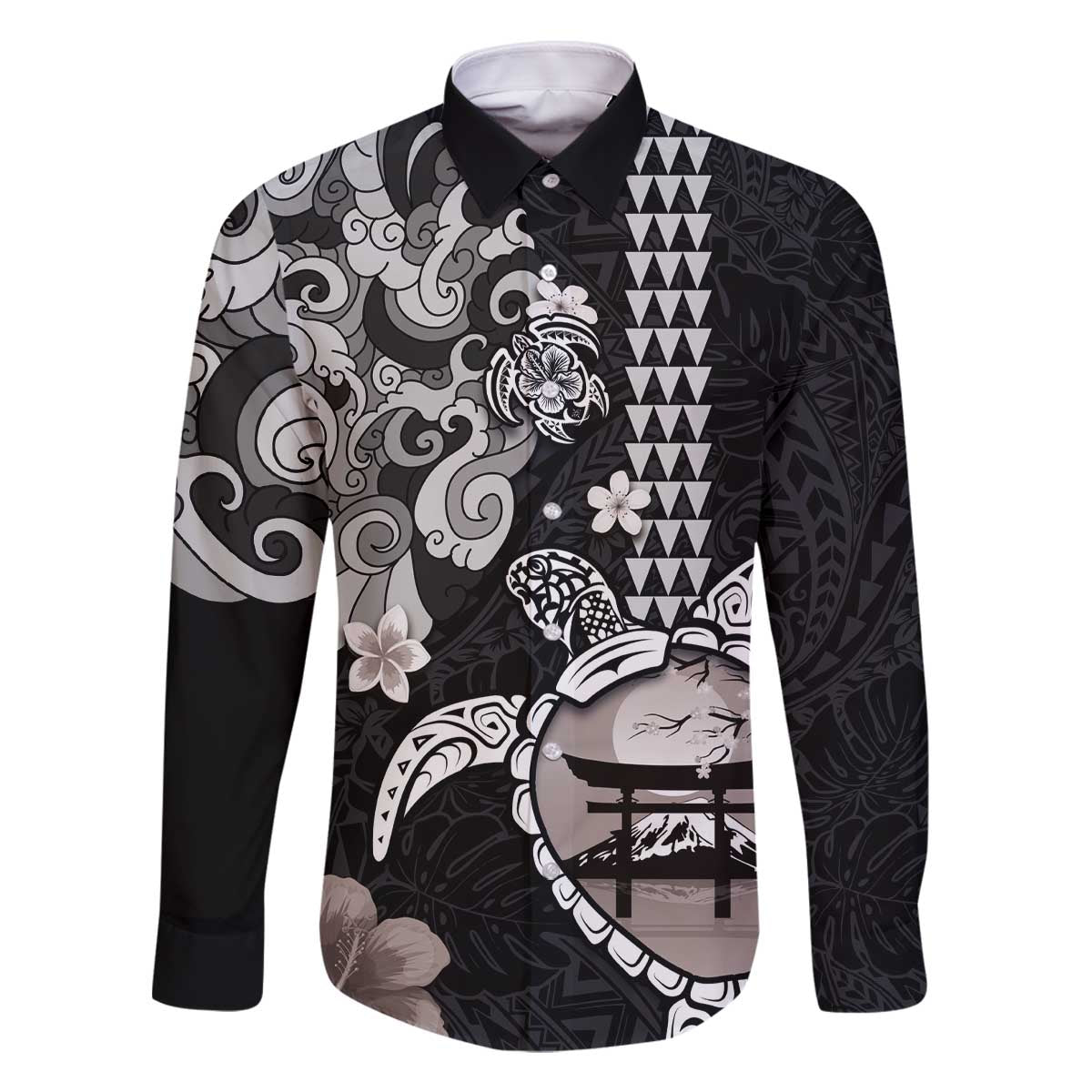 Hawaiian and Japanese Together Family Matching Off The Shoulder Long Sleeve Dress and Hawaiian Shirt Japanese Culture and Turtle Kakau Tattoo Black Color