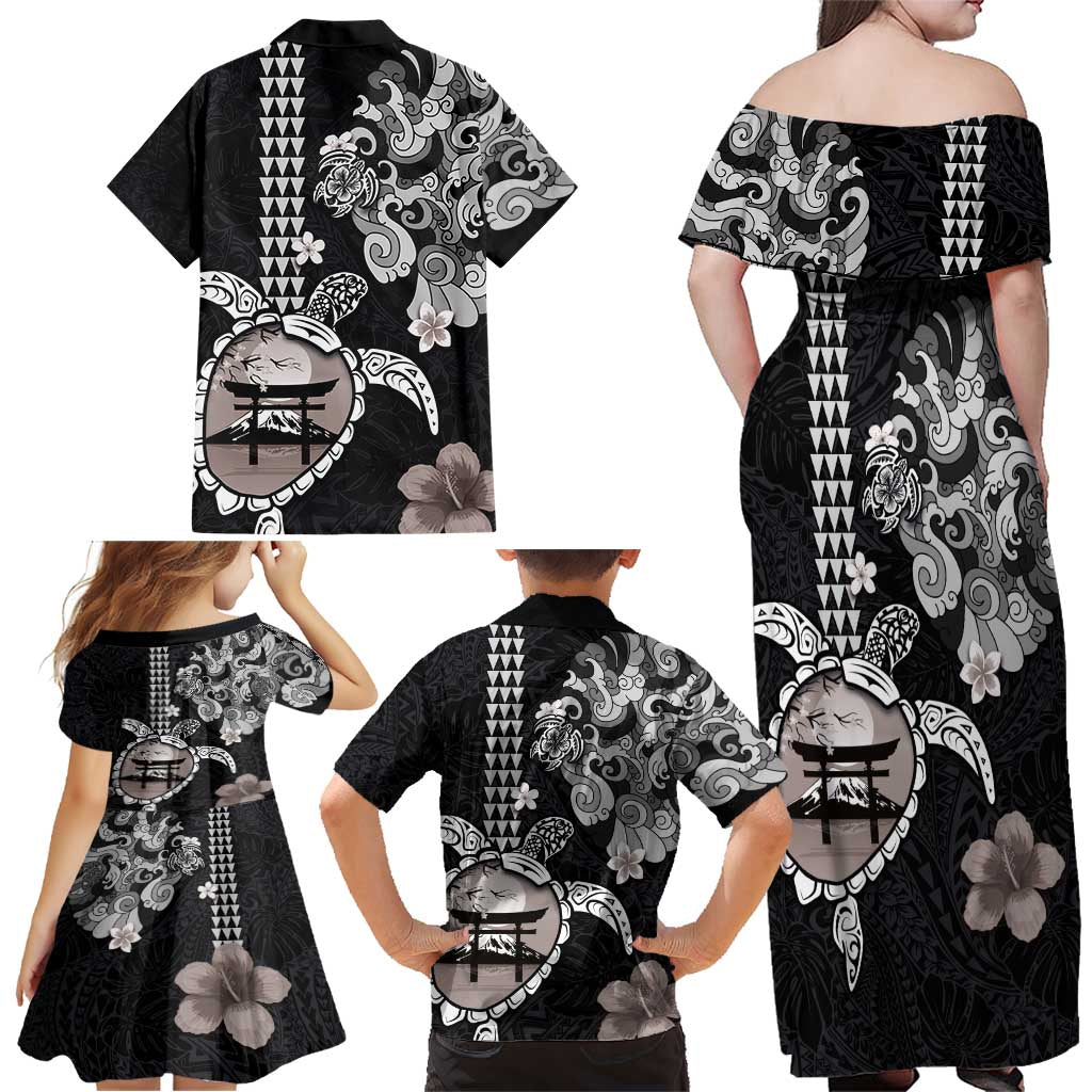 Hawaiian and Japanese Together Family Matching Off Shoulder Maxi Dress and Hawaiian Shirt Japanese Culture and Turtle Kakau Tattoo Black Color LT03 - Polynesian Pride