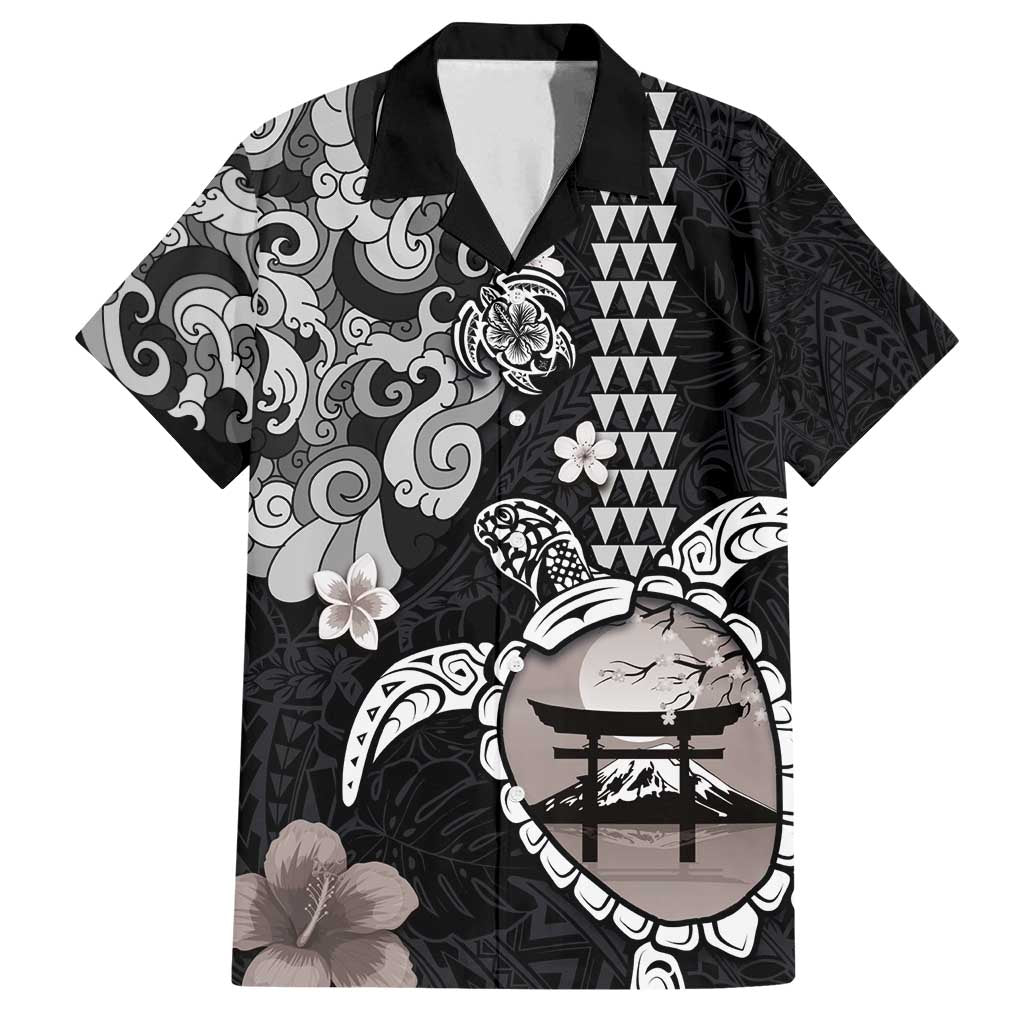 Hawaiian and Japanese Together Family Matching Off Shoulder Maxi Dress and Hawaiian Shirt Japanese Culture and Turtle Kakau Tattoo Black Color LT03 Dad's Shirt - Short Sleeve Black - Polynesian Pride