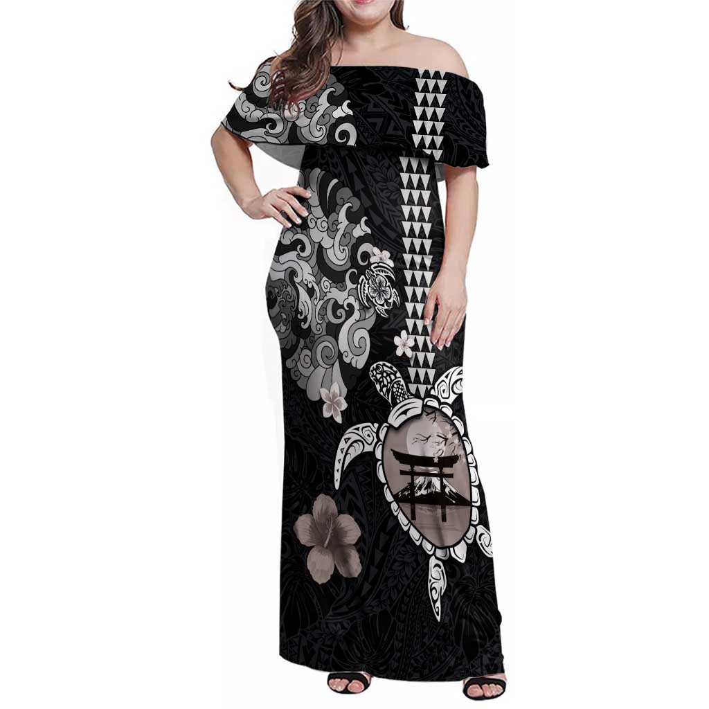 Hawaiian and Japanese Together Family Matching Off Shoulder Maxi Dress and Hawaiian Shirt Japanese Culture and Turtle Kakau Tattoo Black Color LT03 Mom's Dress Black - Polynesian Pride