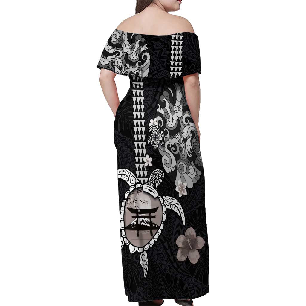 Hawaiian and Japanese Together Family Matching Off Shoulder Maxi Dress and Hawaiian Shirt Japanese Culture and Turtle Kakau Tattoo Black Color LT03 - Polynesian Pride