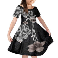 Hawaiian and Japanese Together Family Matching Puletasi and Hawaiian Shirt Japanese Culture and Turtle Kakau Tattoo Black Color LT03 Daughter's Dress Black - Polynesian Pride