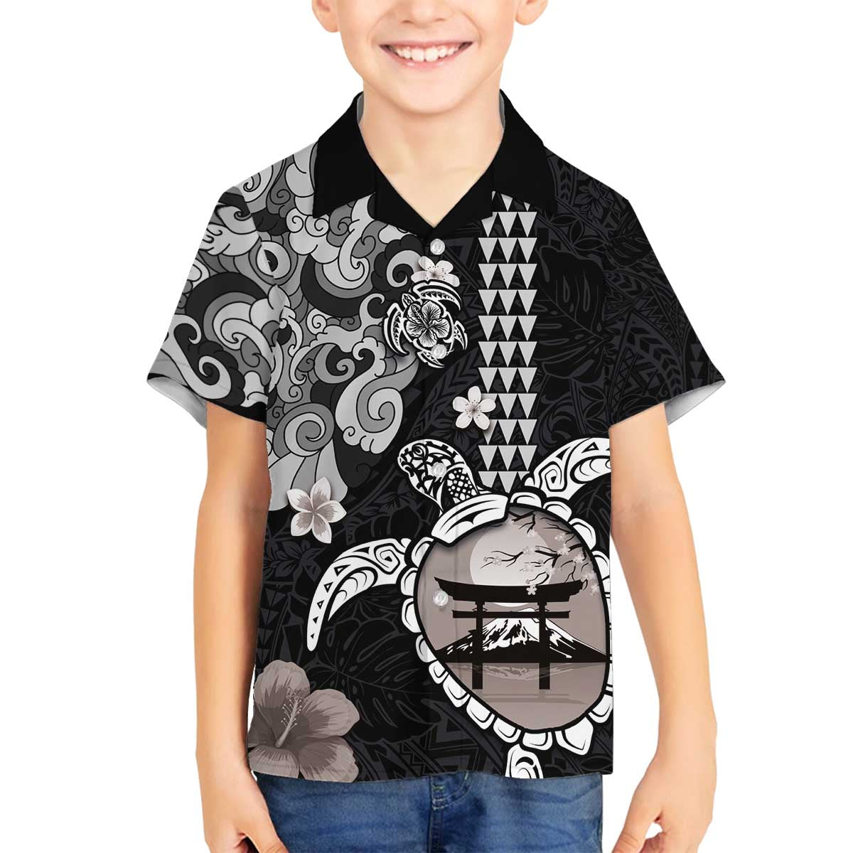 Hawaiian and Japanese Together Family Matching Puletasi and Hawaiian Shirt Japanese Culture and Turtle Kakau Tattoo Black Color LT03 Son's Shirt Black - Polynesian Pride