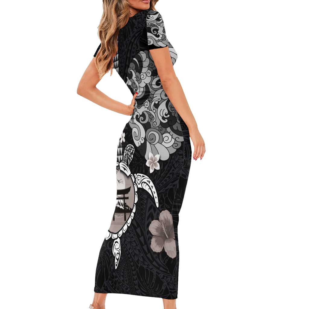 Hawaiian and Japanese Together Family Matching Short Sleeve Bodycon Dress and Hawaiian Shirt Japanese Culture and Turtle Kakau Tattoo Black Color