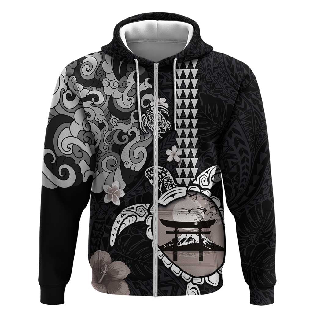 Hawaiian and Japanese Together Hoodie Japanese Culture and Turtle Kakau Tattoo Black Color LT03 Zip Hoodie Black - Polynesian Pride