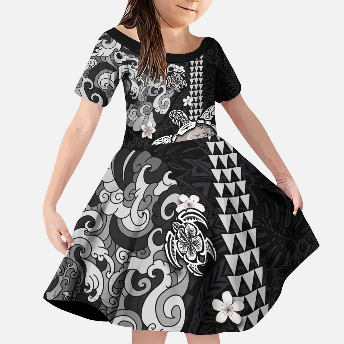 Hawaiian and Japanese Together Kid Short Sleeve Dress Japanese Culture and Turtle Kakau Tattoo Black Color LT03 KID Black - Polynesian Pride