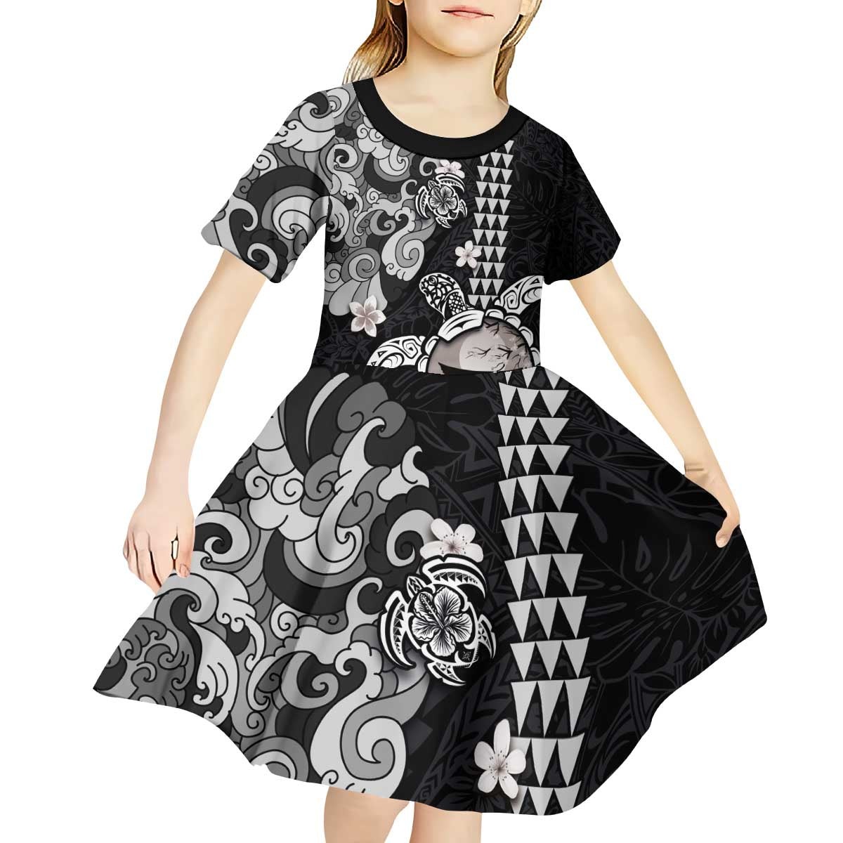 Hawaiian and Japanese Together Kid Short Sleeve Dress Japanese Culture and Turtle Kakau Tattoo Black Color LT03 - Polynesian Pride