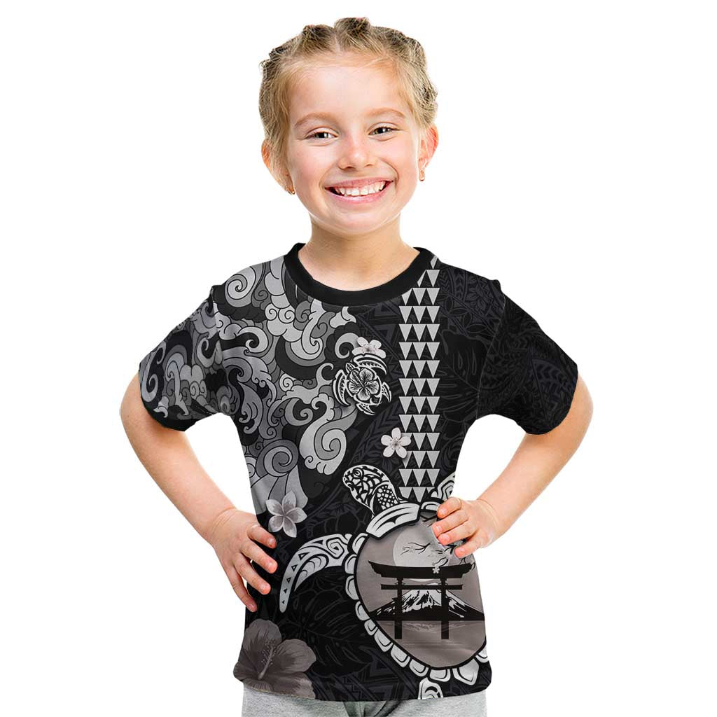Hawaiian and Japanese Together Kid T Shirt Japanese Culture and Turtle Kakau Tattoo Black Color