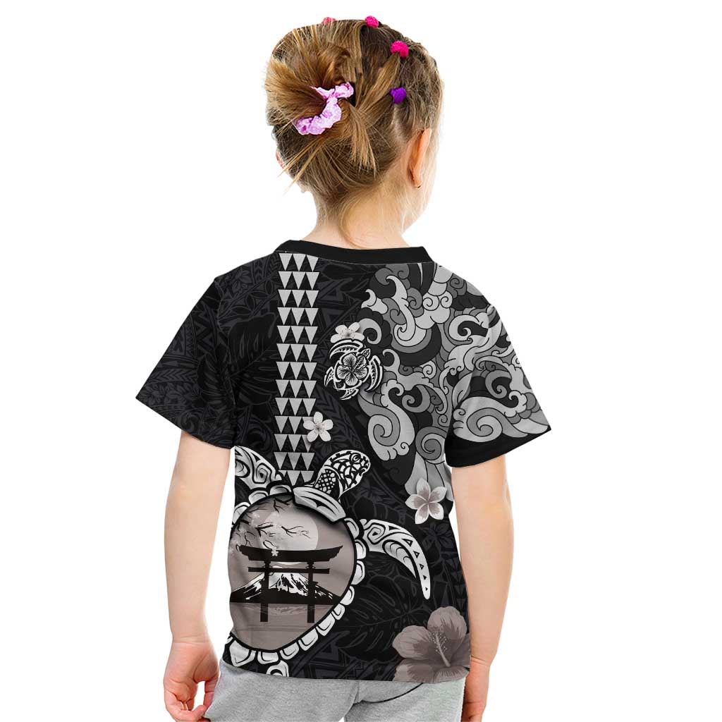 Hawaiian and Japanese Together Kid T Shirt Japanese Culture and Turtle Kakau Tattoo Black Color LT03 - Polynesian Pride