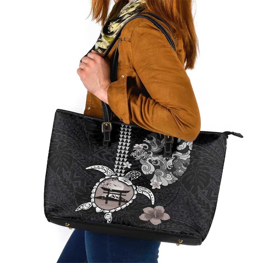 Hawaiian and Japanese Together Leather Tote Bag Japanese Culture and Turtle Kakau Tattoo Black Color LT03 Black - Polynesian Pride