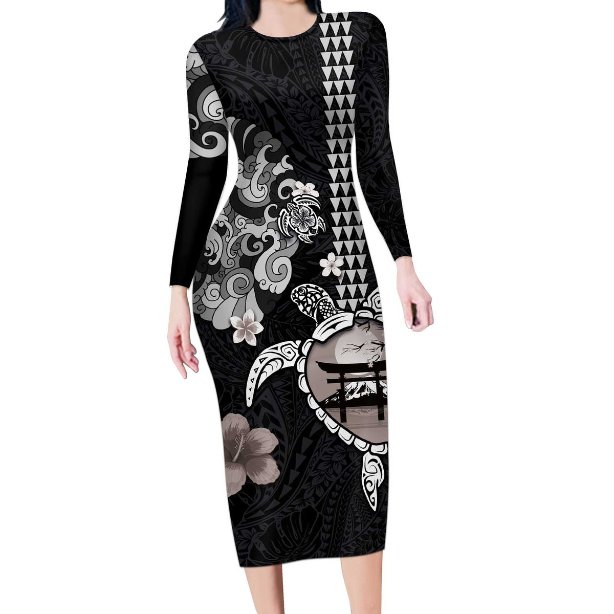 Hawaiian and Japanese Together Long Sleeve Bodycon Dress Japanese Culture and Turtle Kakau Tattoo Black Color LT03 Long Dress Black - Polynesian Pride