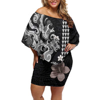 Hawaiian and Japanese Together Off Shoulder Short Dress Japanese Culture and Turtle Kakau Tattoo Black Color LT03 Women Black - Polynesian Pride