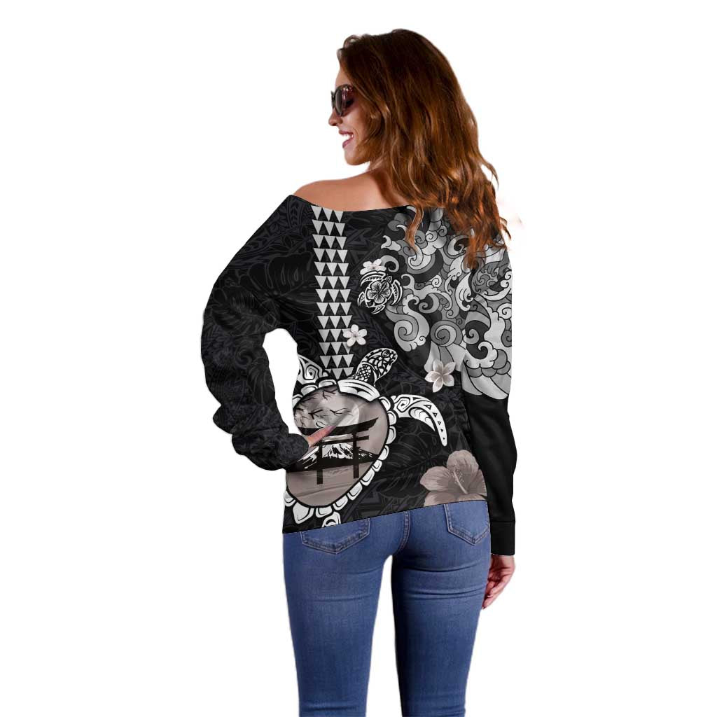 Hawaiian and Japanese Together Off Shoulder Sweater Japanese Culture and Turtle Kakau Tattoo Black Color LT03 - Polynesian Pride