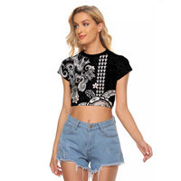 Hawaiian and Japanese Together Raglan Cropped T Shirt Japanese Culture and Turtle Kakau Tattoo Black Color LT03 Female Black - Polynesian Pride