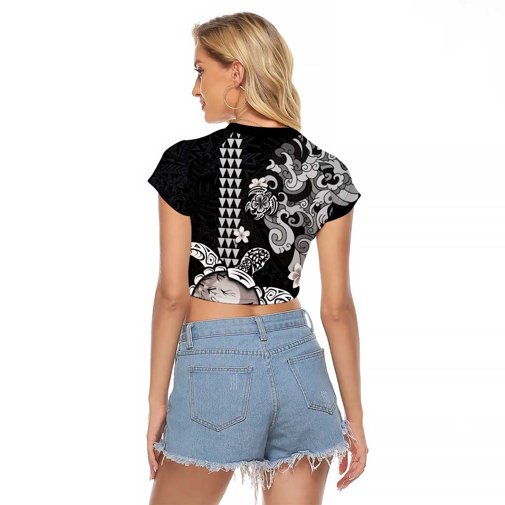 Hawaiian and Japanese Together Raglan Cropped T Shirt Japanese Culture and Turtle Kakau Tattoo Black Color LT03 - Polynesian Pride