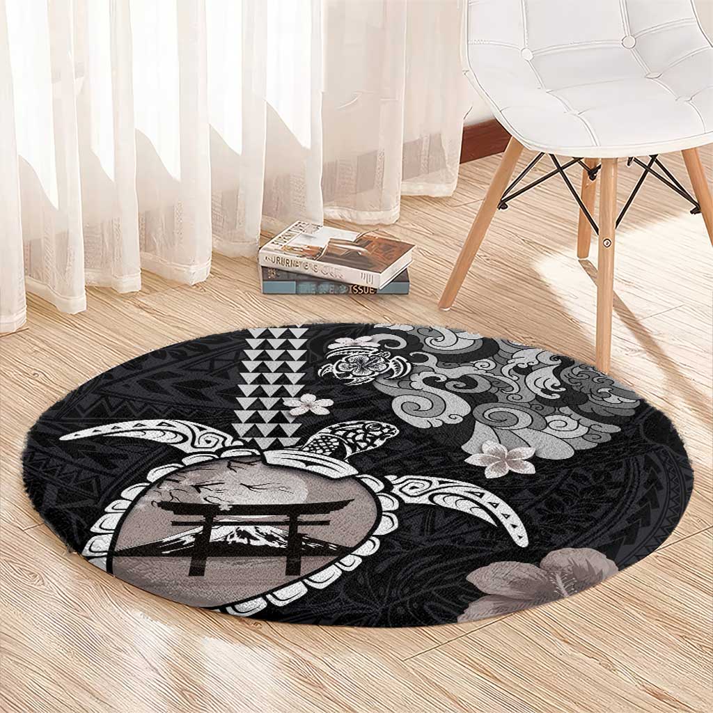 Hawaiian and Japanese Together Round Carpet Japanese Culture and Turtle Kakau Tattoo Black Color LT03 - Polynesian Pride
