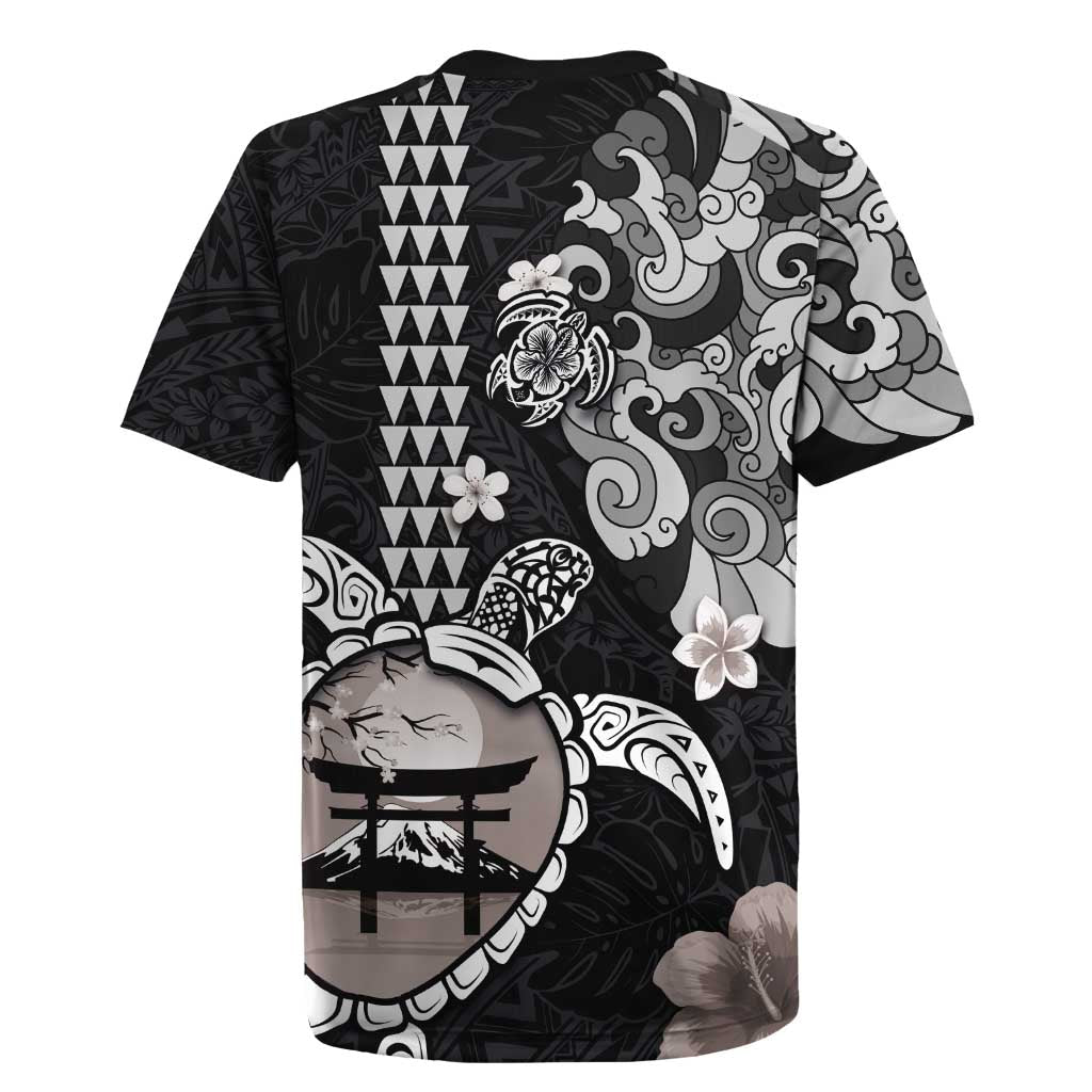 Hawaiian and Japanese Together Rugby Jersey Japanese Culture and Turtle Kakau Tattoo Black Color LT03 - Polynesian Pride