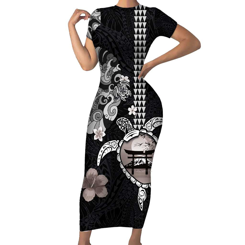 Hawaiian and Japanese Together Short Sleeve Bodycon Dress Japanese Culture and Turtle Kakau Tattoo Black Color LT03 Long Dress Black - Polynesian Pride