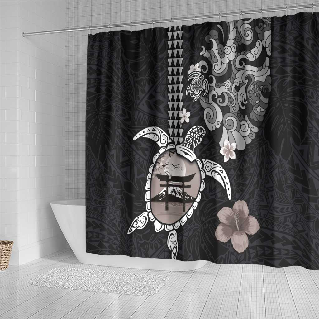 Hawaiian and Japanese Together Shower Curtain Japanese Culture and Turtle Kakau Tattoo Black Color LT03 - Polynesian Pride