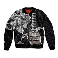 Hawaiian and Japanese Together Sleeve Zip Bomber Jacket Japanese Culture and Turtle Kakau Tattoo Black Color LT03 Unisex Black - Polynesian Pride