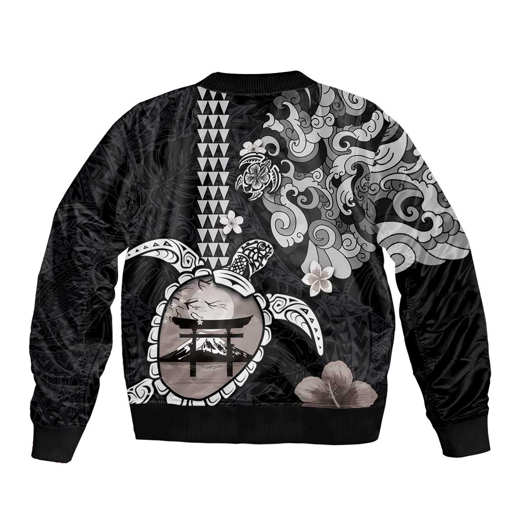 Hawaiian and Japanese Together Sleeve Zip Bomber Jacket Japanese Culture and Turtle Kakau Tattoo Black Color LT03 - Polynesian Pride