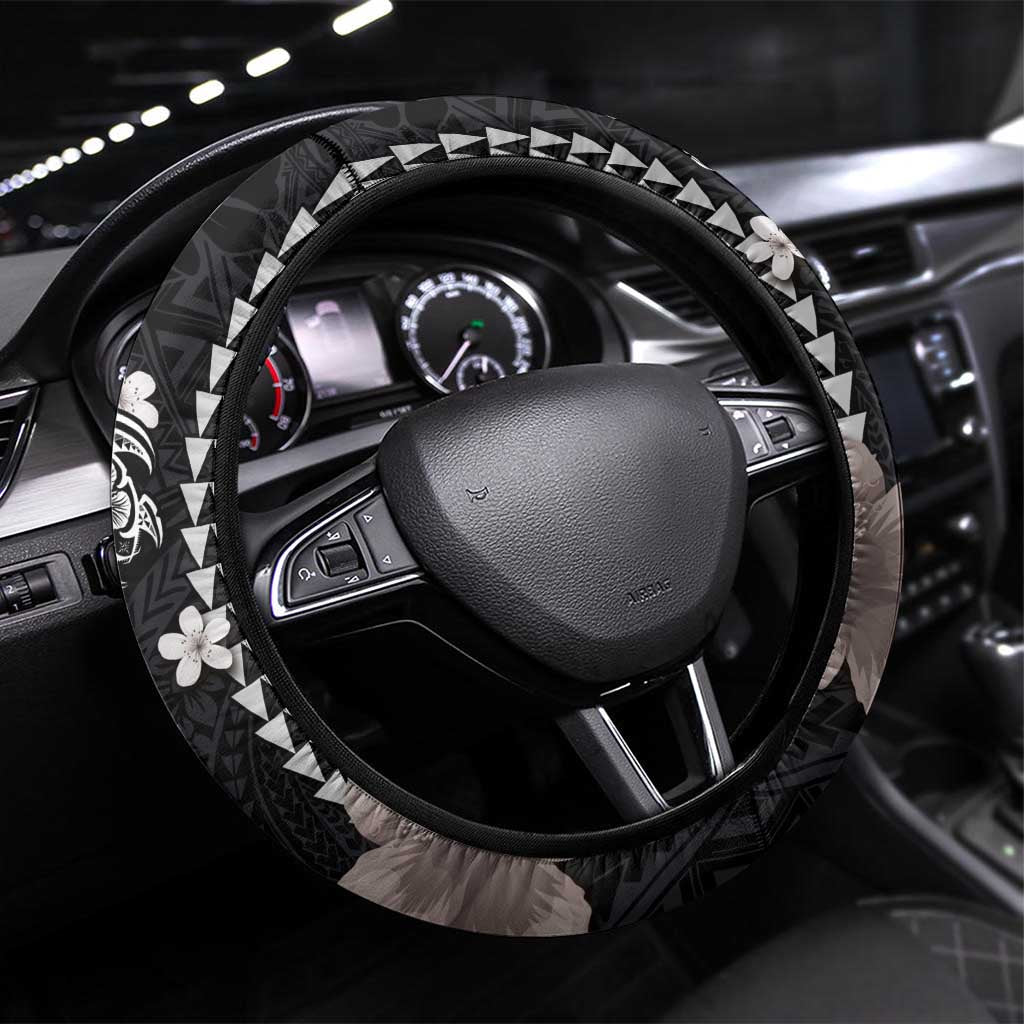 Hawaiian and Japanese Together Steering Wheel Cover Japanese Culture and Turtle Kakau Tattoo Black Color LT03 Universal Fit Black - Polynesian Pride