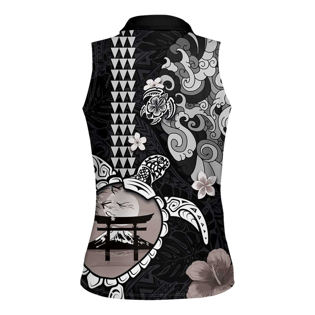 Hawaiian and Japanese Together Women Sleeveless Polo Shirt Japanese Culture and Turtle Kakau Tattoo Black Color LT03 - Polynesian Pride