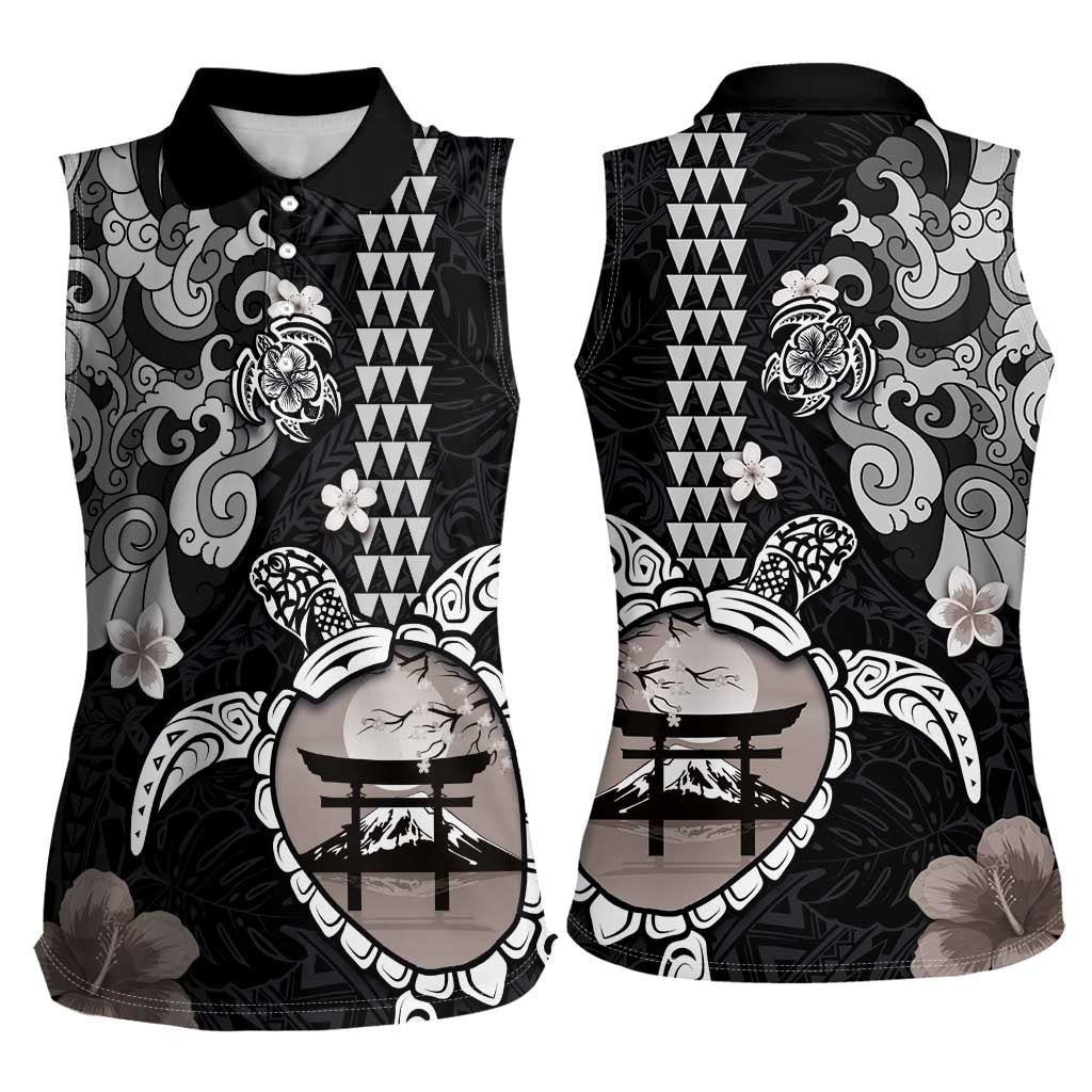 Hawaiian and Japanese Together Women Sleeveless Polo Shirt Japanese Culture and Turtle Kakau Tattoo Black Color LT03 - Polynesian Pride