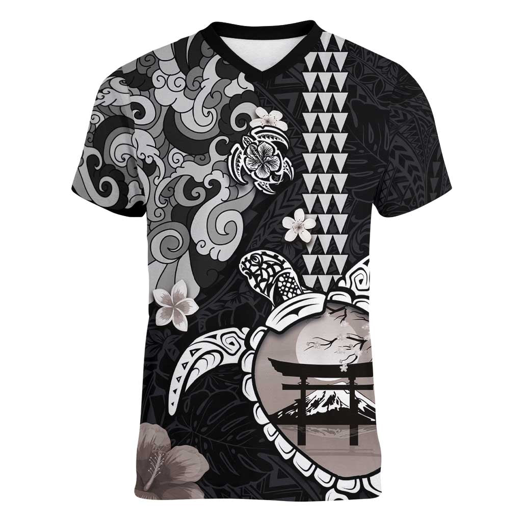 Hawaiian and Japanese Together Women V-Neck T-Shirt Japanese Culture and Turtle Kakau Tattoo Black Color LT03 Female Black - Polynesian Pride