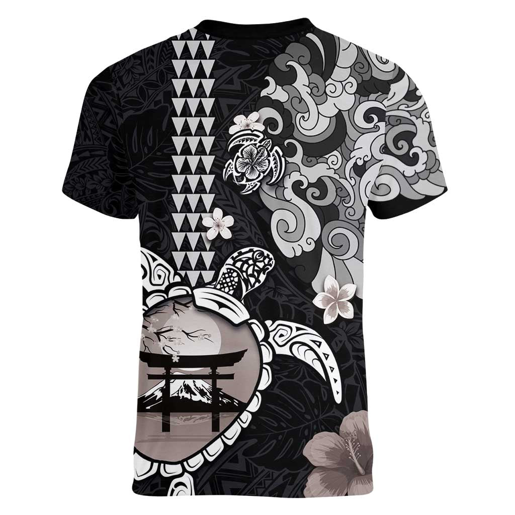 Hawaiian and Japanese Together Women V-Neck T-Shirt Japanese Culture and Turtle Kakau Tattoo Black Color LT03 - Polynesian Pride