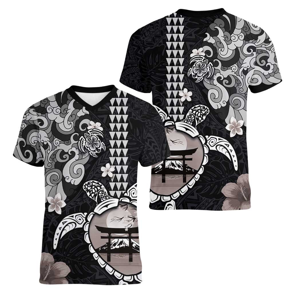 Hawaiian and Japanese Together Women V-Neck T-Shirt Japanese Culture and Turtle Kakau Tattoo Black Color LT03 - Polynesian Pride