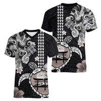 Hawaiian and Japanese Together Women V-Neck T-Shirt Japanese Culture and Turtle Kakau Tattoo Black Color LT03 - Polynesian Pride