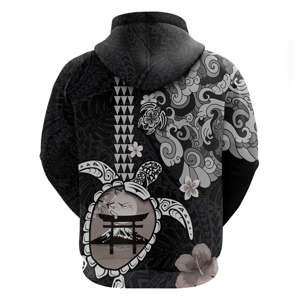 Hawaiian and Japanese Together Zip Hoodie Japanese Culture and Turtle Kakau Tattoo Black Color LT03 - Polynesian Pride
