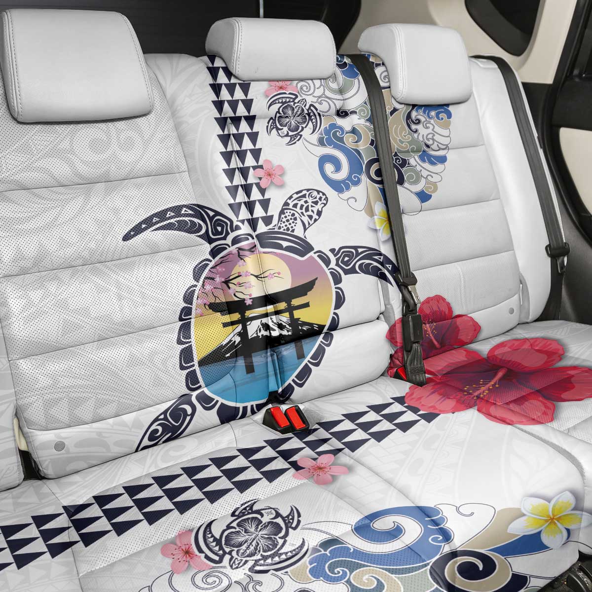 Hawaiian and Japanese Together Back Car Seat Cover Japanese Culture and Turtle Kakau Tattoo White Color LT03 - Polynesian Pride